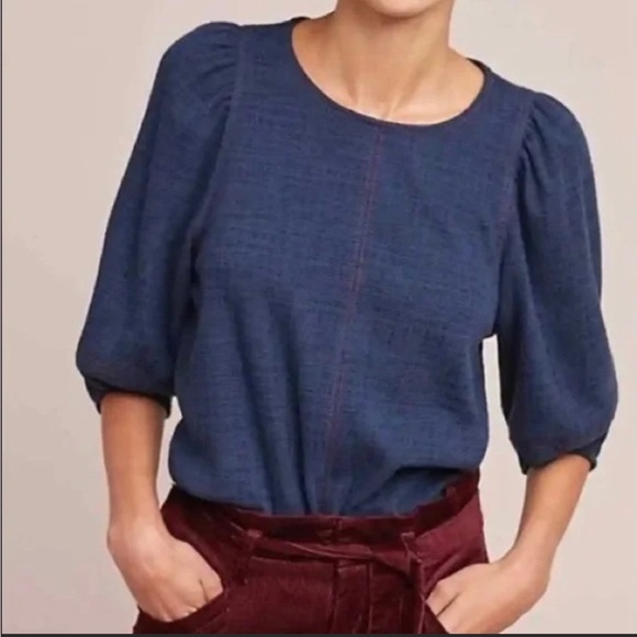 Anthropologie Tops - Current Air Anthropologie Women’s Blue Puff Sleeve W/ Red Accent Blouse Size L